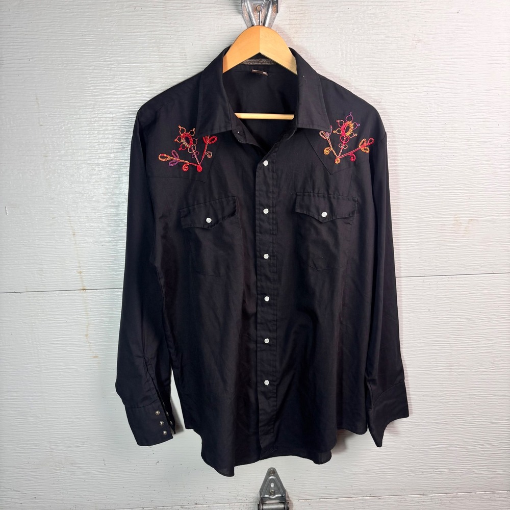 Dakota Country Black Embroidered Pearl Snap Western Shirt XL Cowboy